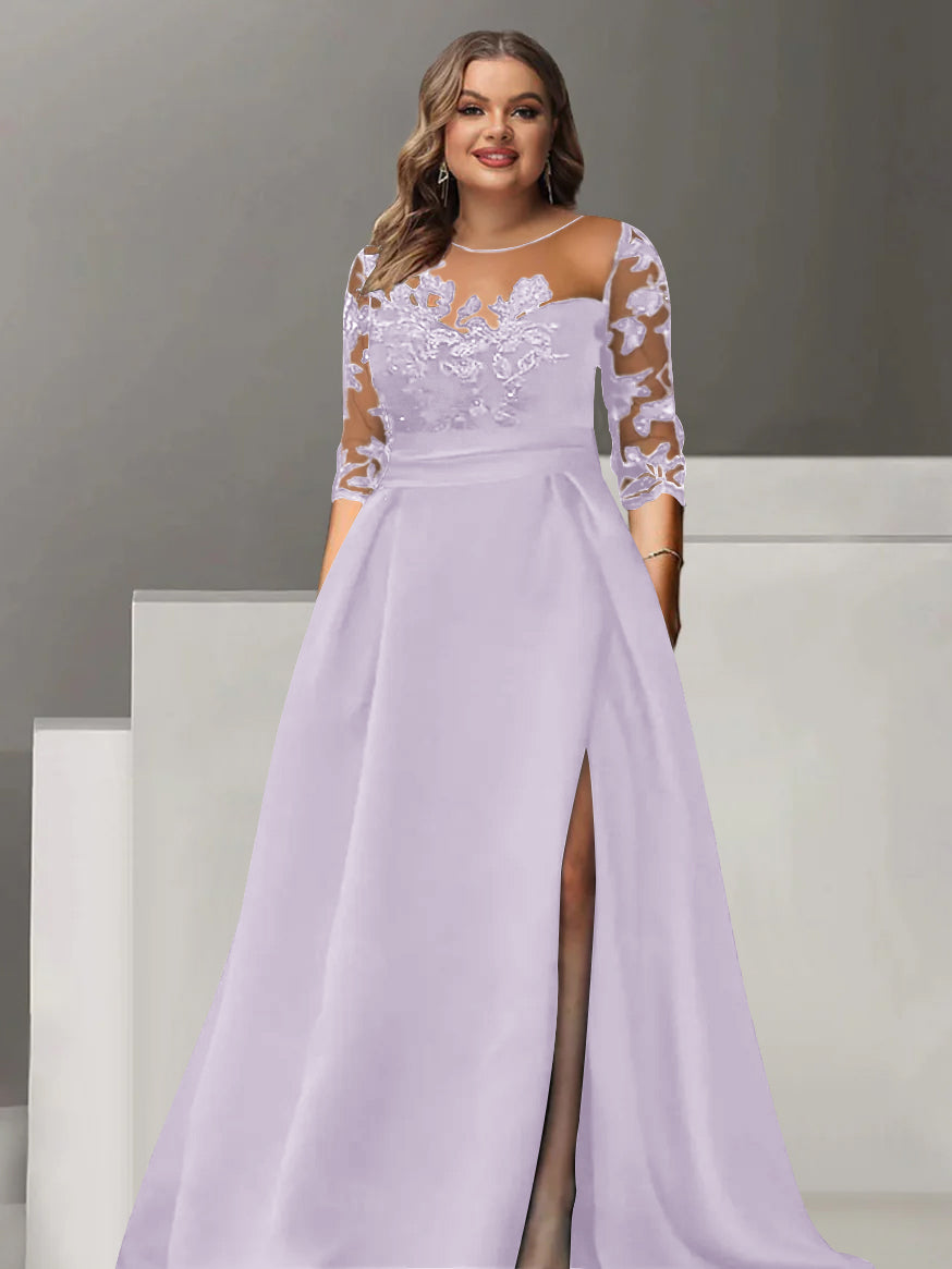 Sweetheart A Line Long Plus Size Mother of the Bride Dress with 3/4 Sleeves Lace & Side Split