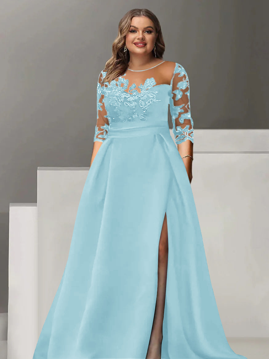 Sweetheart A Line Long Plus Size Mother of the Bride Dress with 3/4 Sleeves Lace & Side Split