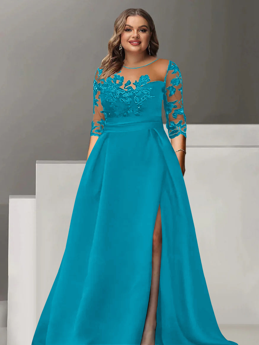 Sweetheart A Line Long Plus Size Mother of the Bride Dress with 3/4 Sleeves Lace & Side Split