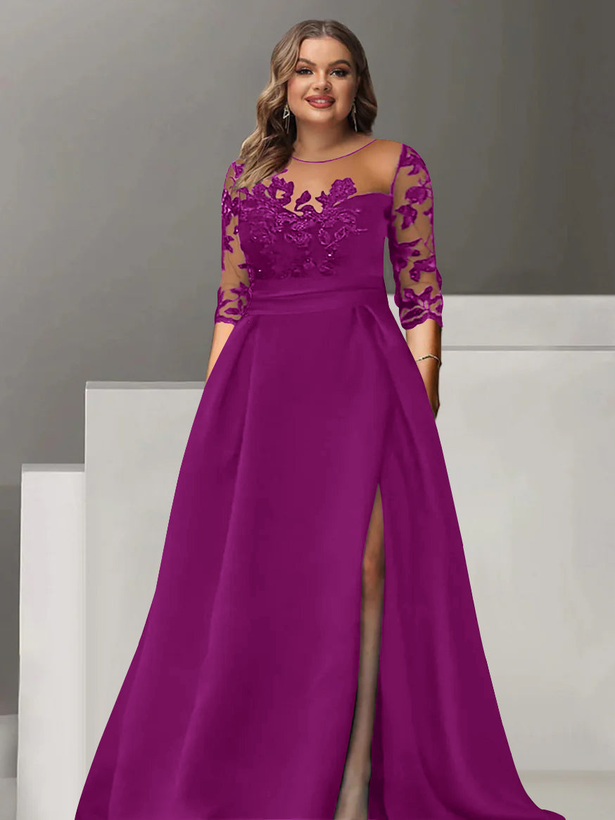 Sweetheart A Line Long Plus Size Mother of the Bride Dress with 3/4 Sleeves Lace & Side Split