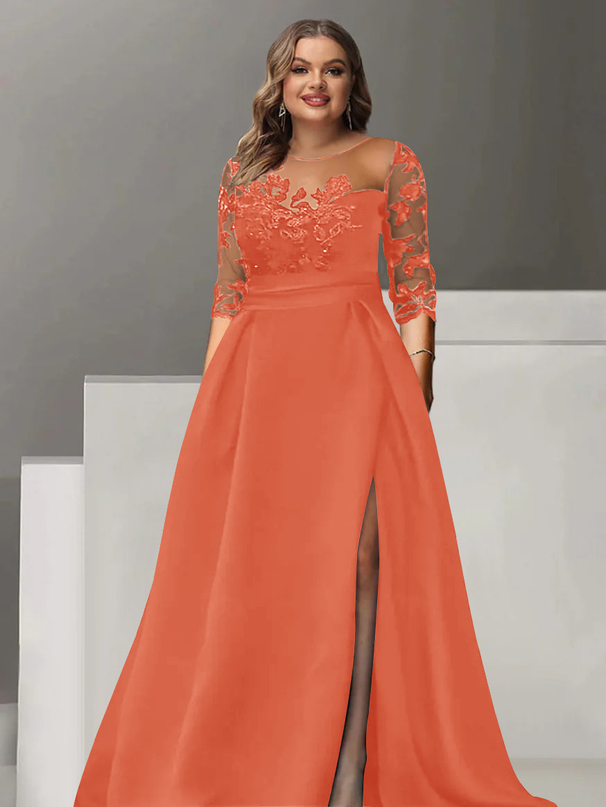 Sweetheart A Line Long Plus Size Mother of the Bride Dress with 3/4 Sleeves Lace & Side Split