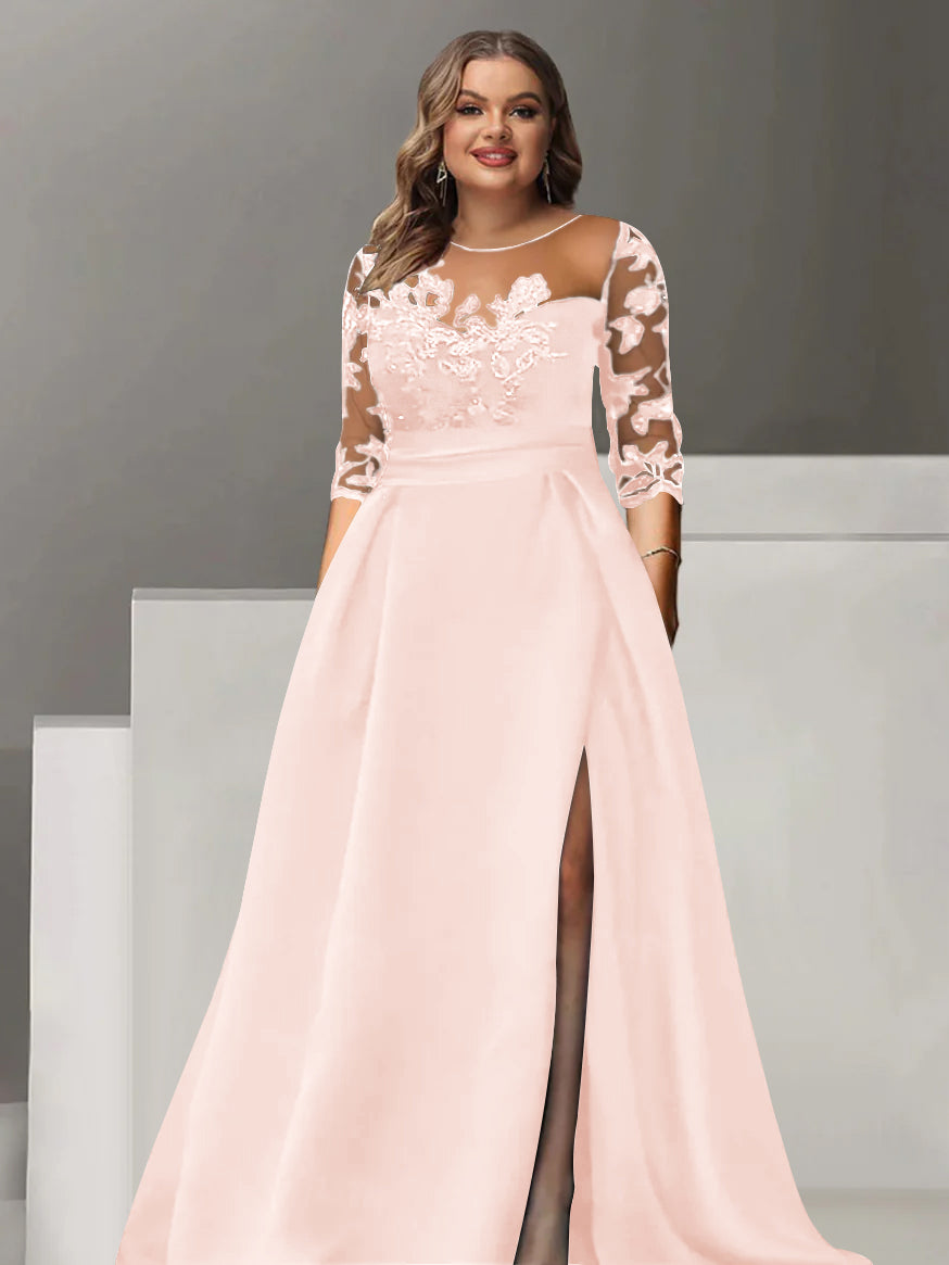 Sweetheart A Line Long Plus Size Mother of the Bride Dress with 3/4 Sleeves Lace & Side Split