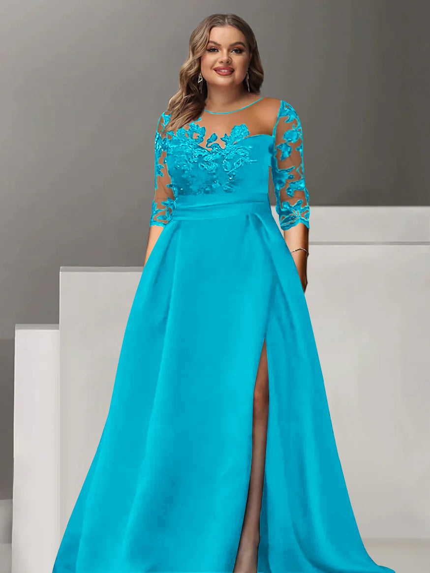 Sweetheart A Line Long Plus Size Mother of the Bride Dress with 3/4 Sleeves Lace & Side Split