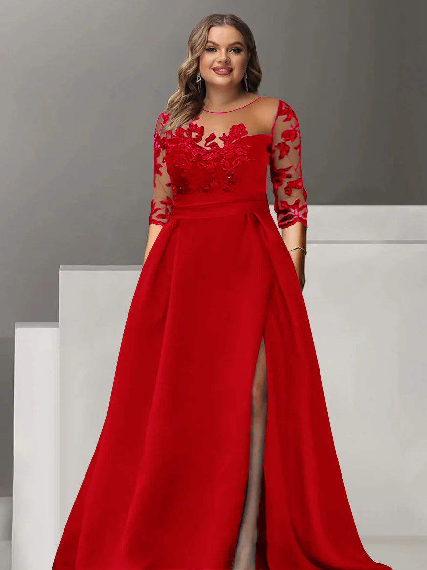 Sweetheart A Line Long Plus Size Mother of the Bride Dress with 3/4 Sleeves Lace & Side Split
