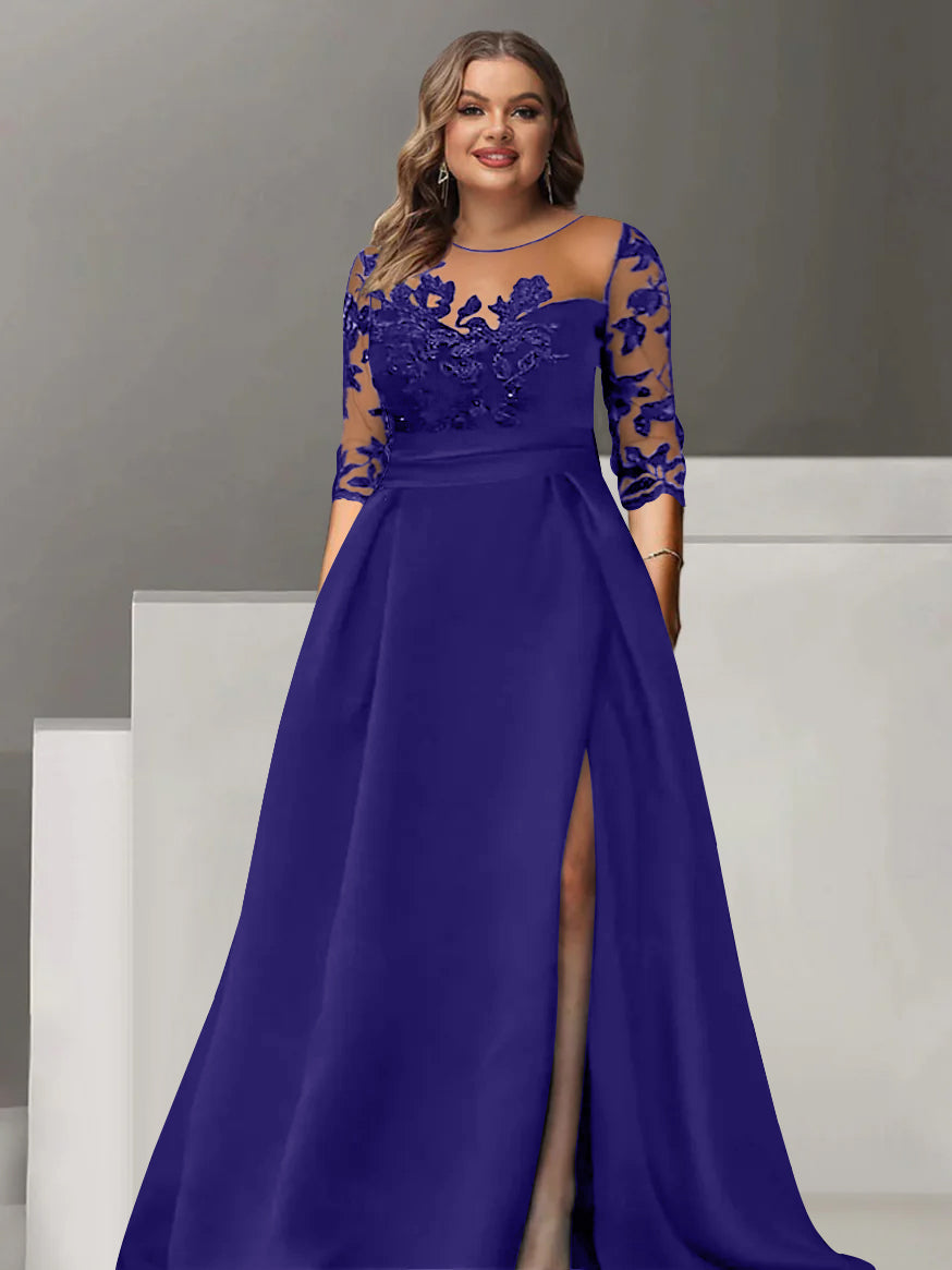 Sweetheart A Line Long Plus Size Mother of the Bride Dress with 3/4 Sleeves Lace & Side Split