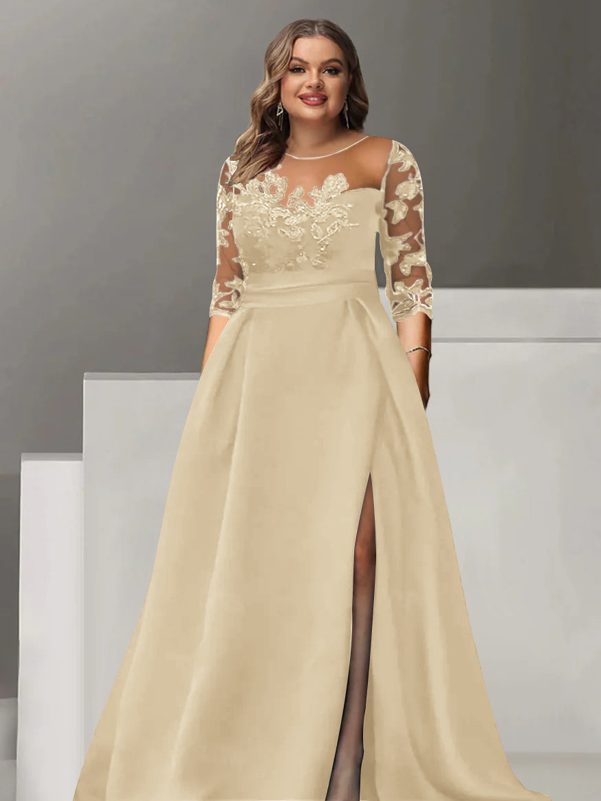 Sweetheart A Line Long Plus Size Mother of the Bride Dress with 3/4 Sleeves Lace & Side Split