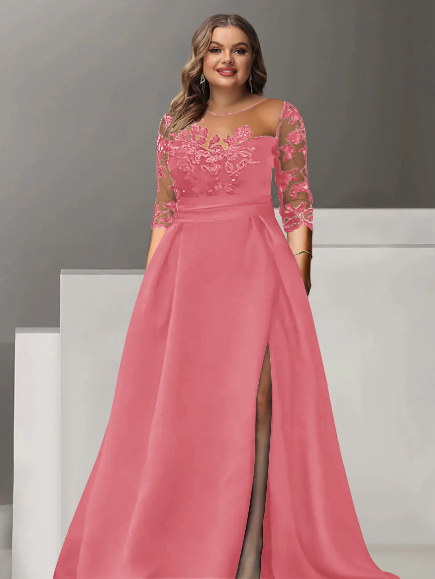 Sweetheart A Line Long Plus Size Mother of the Bride Dress with 3/4 Sleeves Lace & Side Split