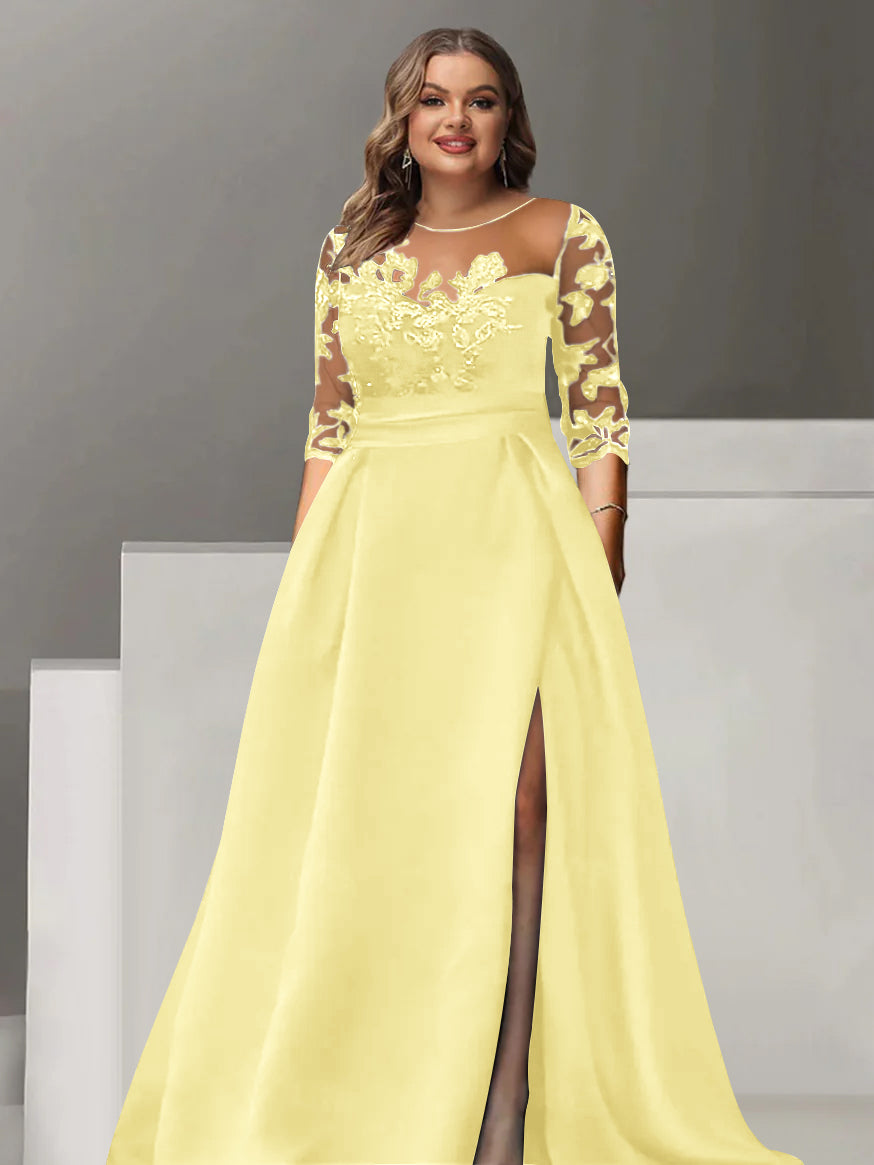 Sweetheart A Line Long Plus Size Mother of the Bride Dress with 3/4 Sleeves Lace & Side Split