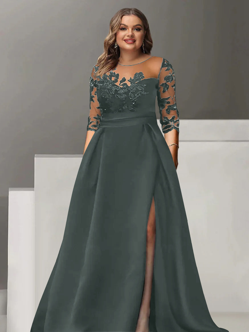 Sweetheart A Line Long Plus Size Mother of the Bride Dress with 3/4 Sleeves Lace & Side Split