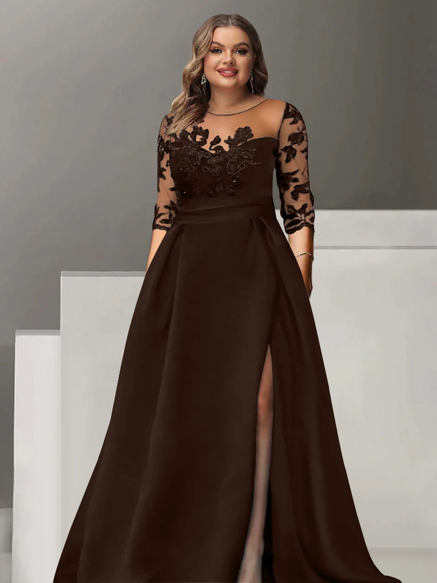 Sweetheart A Line Long Plus Size Mother of the Bride Dress with 3/4 Sleeves Lace & Side Split