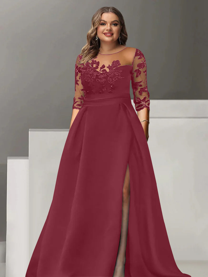 Sweetheart A Line Long Plus Size Mother of the Bride Dress with 3/4 Sleeves Lace & Side Split