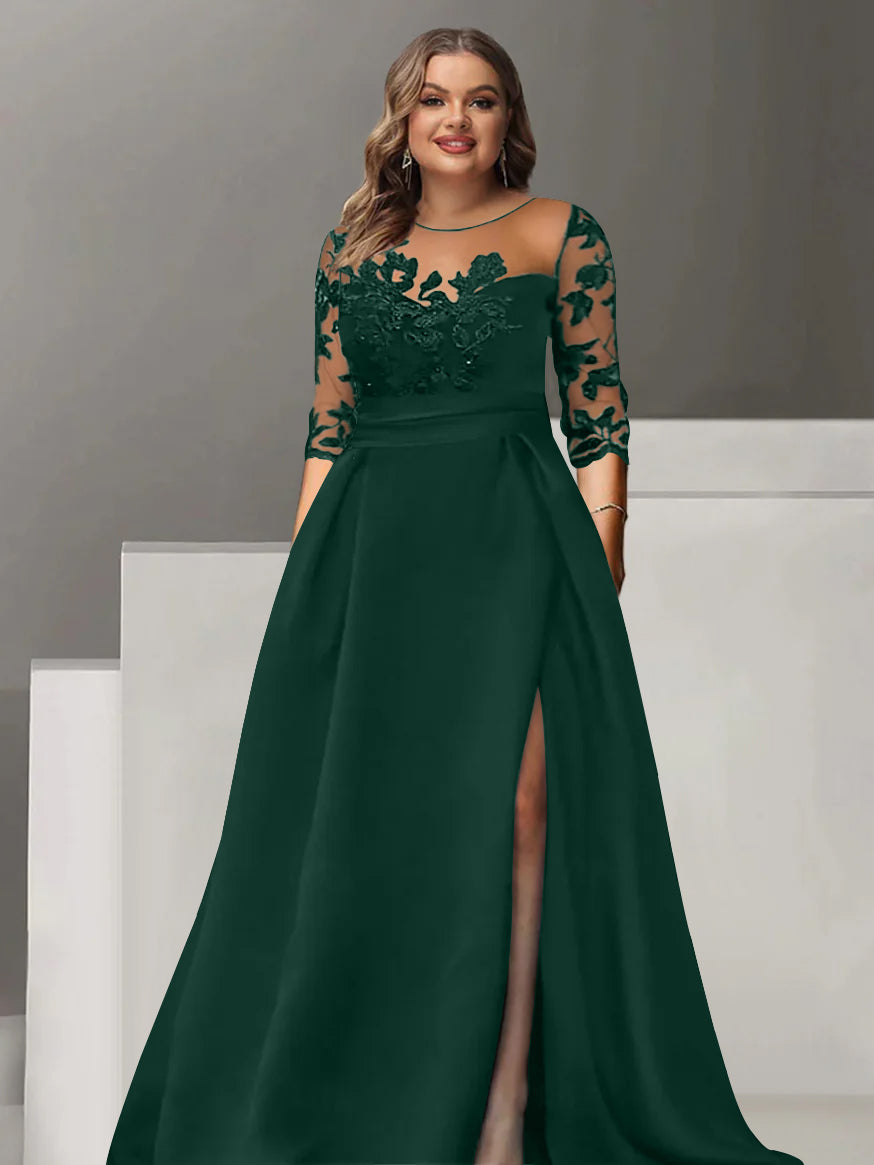 Sweetheart A Line Long Plus Size Mother of the Bride Dress with 3/4 Sleeves Lace & Side Split