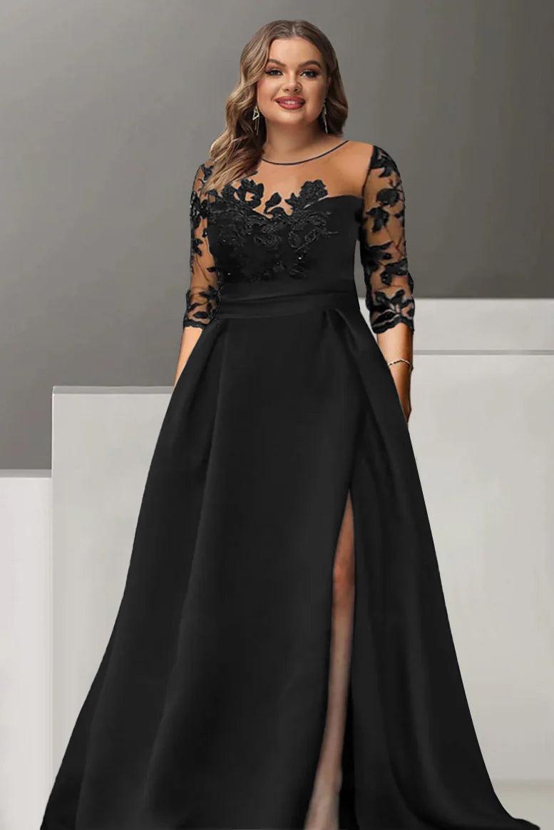 Sweetheart A Line Long Plus Size Mother of the Bride Dress with 3/4 Sleeves Lace & Side Split