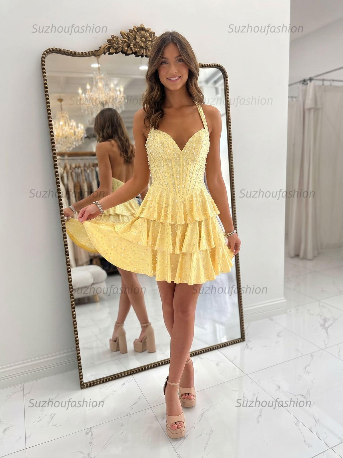 Suzhoufashion Sweetheart Beaded Corset Satin Short Homecoming Dresses with Slit