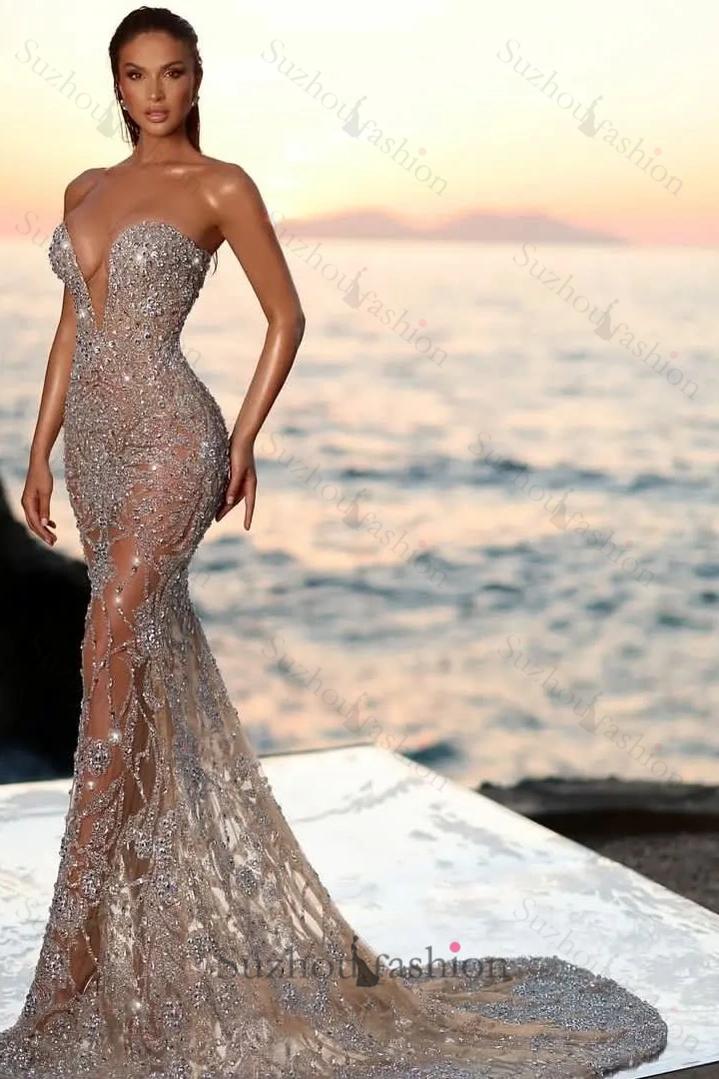 Sweetheart Beaded Prom Dress Sleeveless Tulle Mermaid Formal Dress