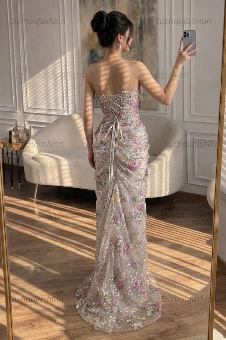 Suzhoufashion Sweetheart Floral Prom Dress Mermaid Tulle Lace Up Back Formal Gown