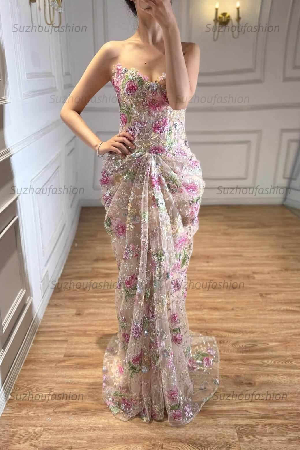 Suzhoufashion Sweetheart Floral Prom Dress Mermaid Tulle Lace Up Back Formal Gown