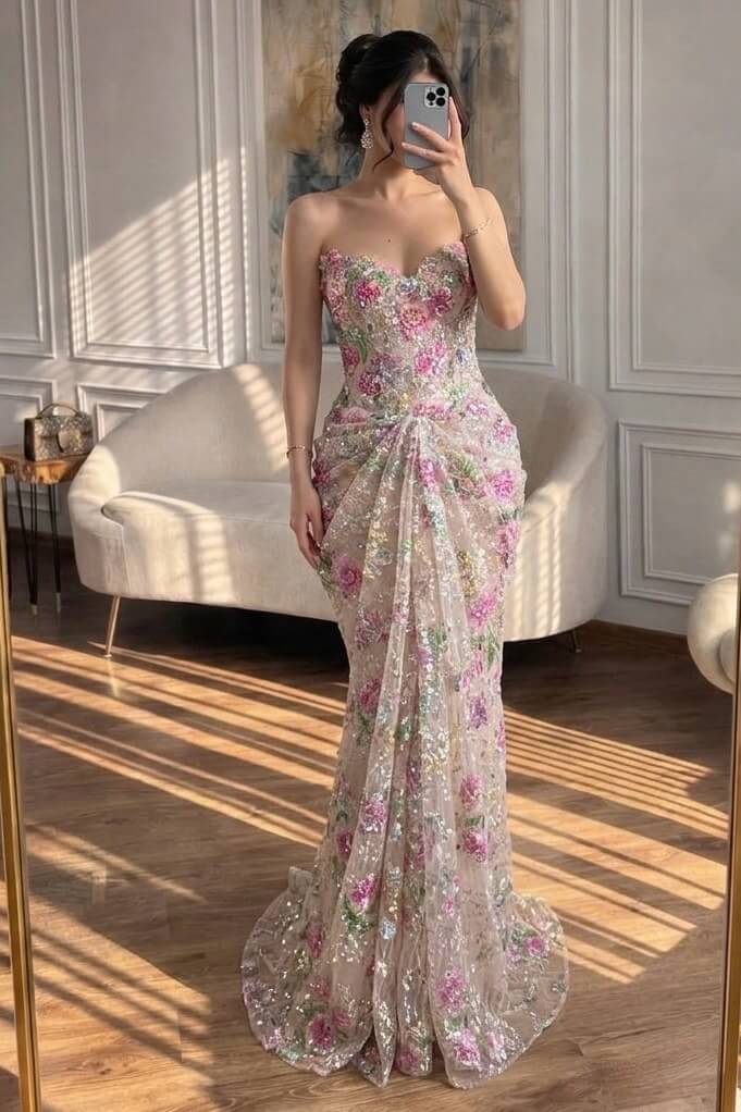 Suzhoufashion Sweetheart Floral Prom Dress Mermaid Tulle Lace Up Back Formal Gown