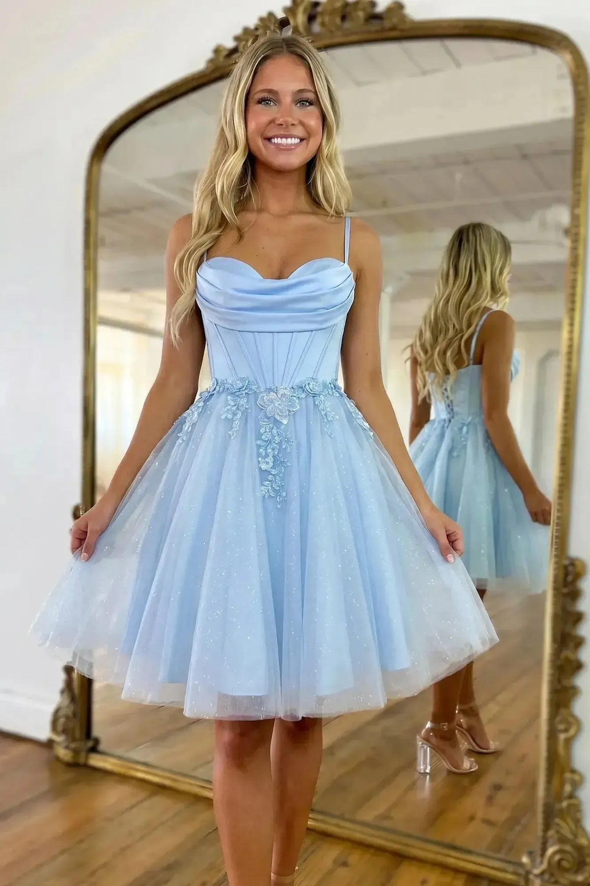 Suzhoufashion Sweetheart Glitter Tulle Mini Dress with 3D Floral Waist Detail Homecoming Dresses