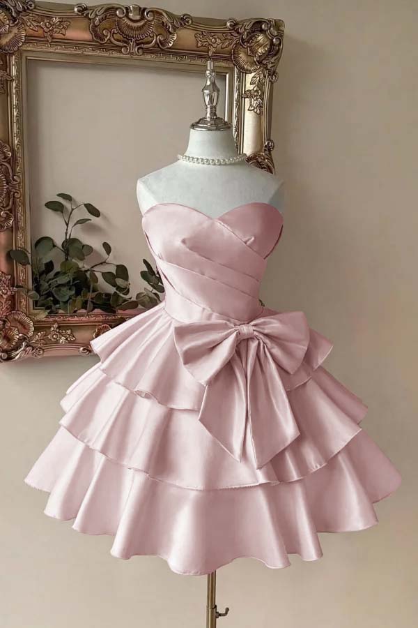 Sweetheart Homecoming Dress A Line Tiered Satin Short Evening Formal Dress With Bowknot