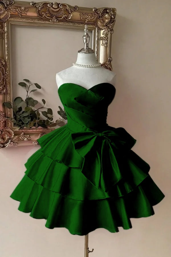 Sweetheart Homecoming Dress A Line Tiered Satin Short Evening Formal Dress With Bowknot