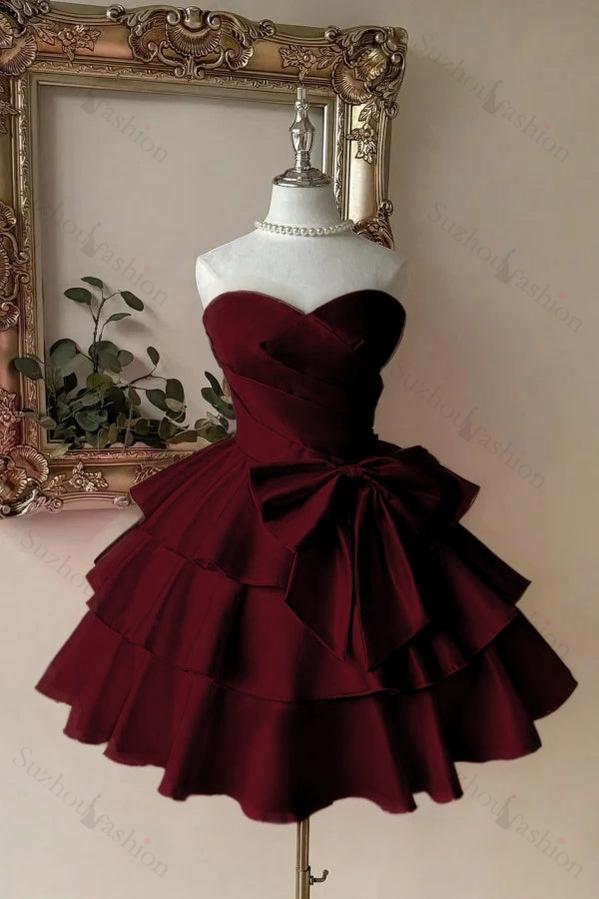 Sweetheart Homecoming Dress A Line Tiered Satin Short Evening Formal Dress With Bowknot