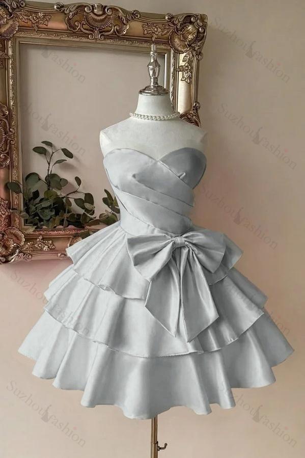 Sweetheart Homecoming Dress A Line Tiered Satin Short Evening Formal Dress With Bowknot