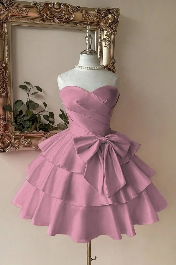 Sweetheart Homecoming Dress A Line Tiered Satin Short Evening Formal Dress With Bowknot