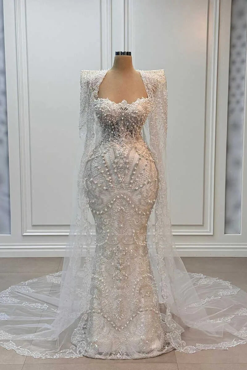 Sweetheart Ivory Mermaid Wedding Dress Beaded Floor Length Bridal Dress with Cape