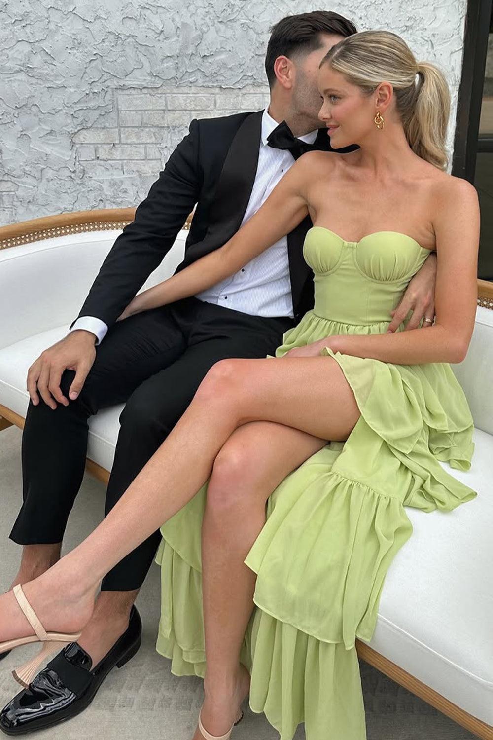 Suzhoufashion Sweetheart Light Green Layered Ruffle Evening Dress With Slit Formal Evening Gown