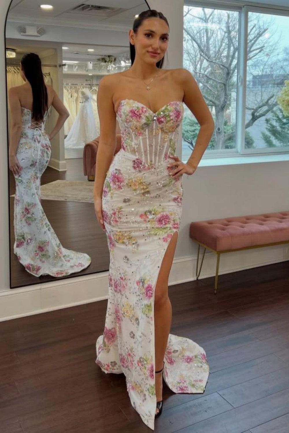 Suzhoufashion Sweetheart Mermaid Floral Beaded Corset Prom Dress With High Slit Formal Evening Gown