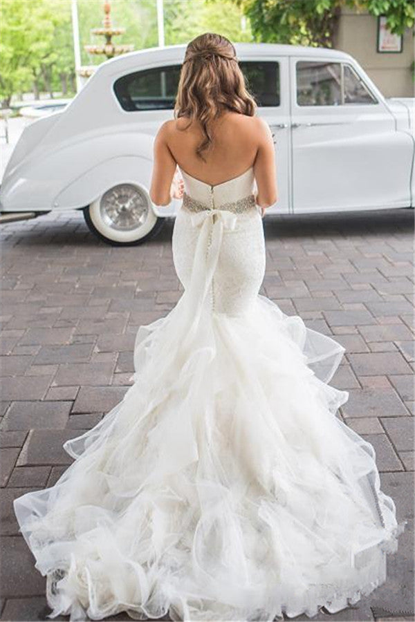 Sweetheart Mermaid Organza Wedding Dress  Elegant Bridal Dresses with Crystal Belt