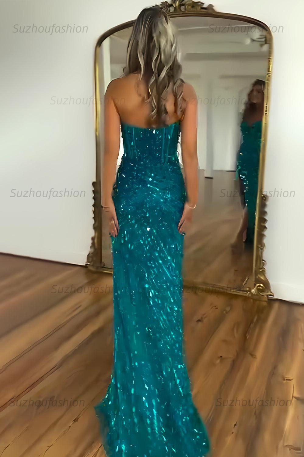 Sequined Prom Dress Sweetheart Mermaid With High Slit Skirt Formal Evening Gown