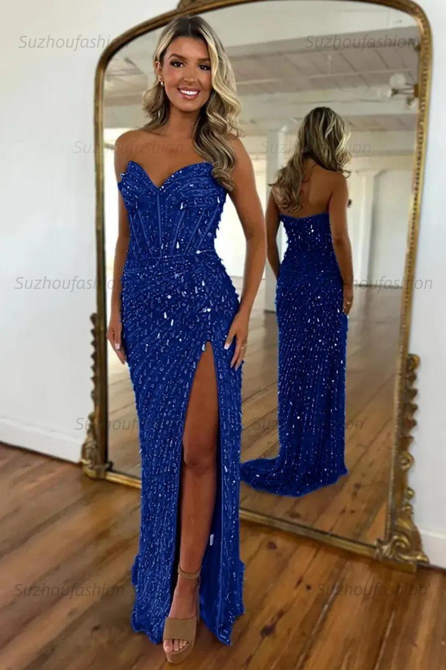 Sequined Prom Dress Sweetheart Mermaid With High Slit Skirt Formal Evening Gown