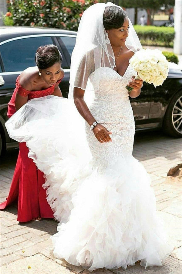 Sweetheart Mermaid Tulle Ruffle Wedding Dress  | Long Train Lace Wedding Gowns Online