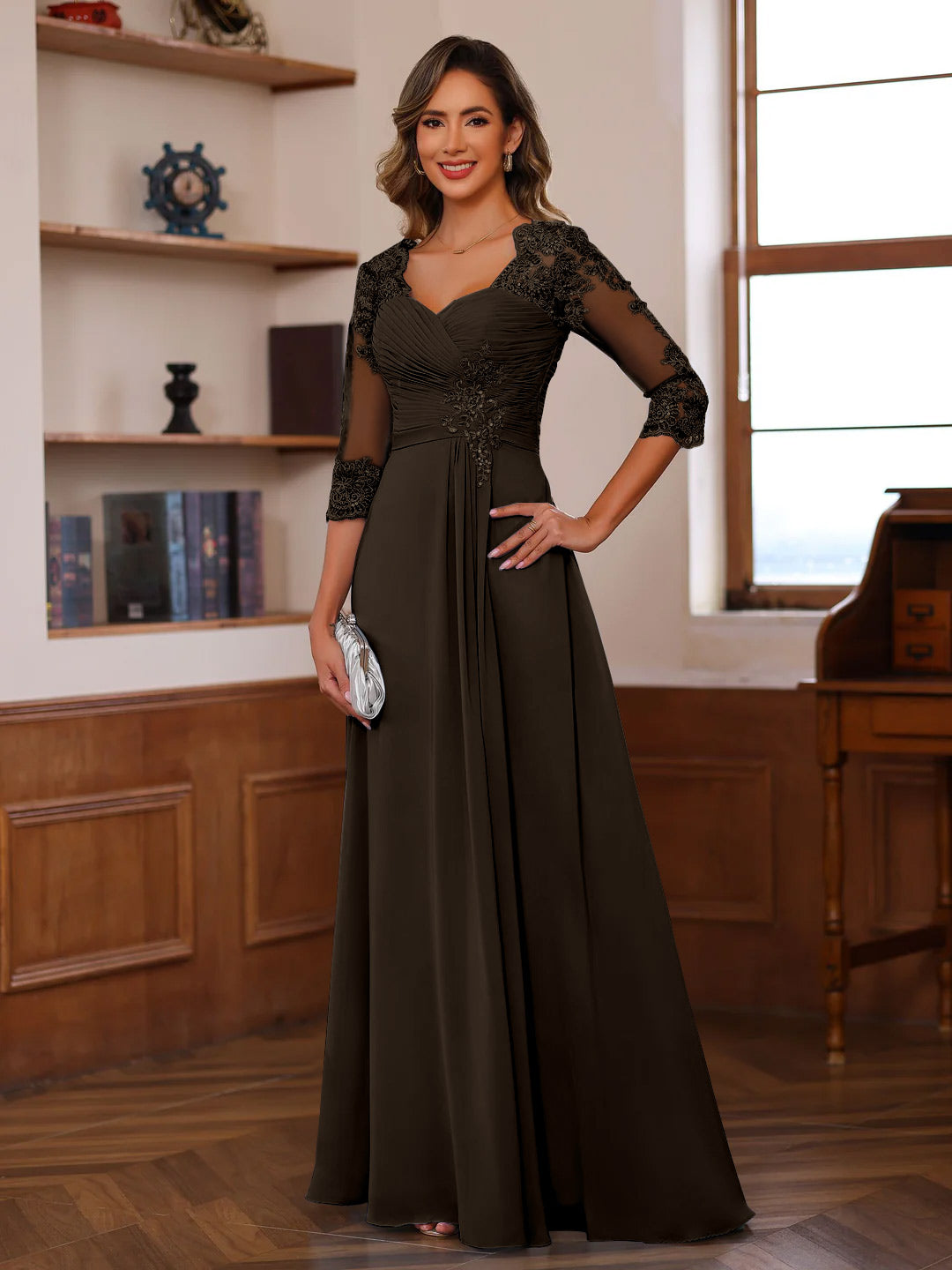 Sweetheart Neck A Line Gown with 3/4 Sleeves Long Lace Bridal Dress Featuring Ruffles & Appliques