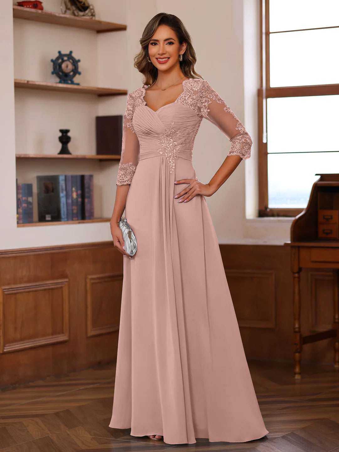 Sweetheart Neck A Line Gown with 3/4 Sleeves Long Lace Bridal Dress Featuring Ruffles & Appliques