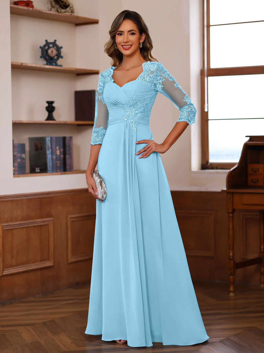 Sweetheart Neck A Line Gown with 3/4 Sleeves Long Lace Bridal Dress Featuring Ruffles & Appliques
