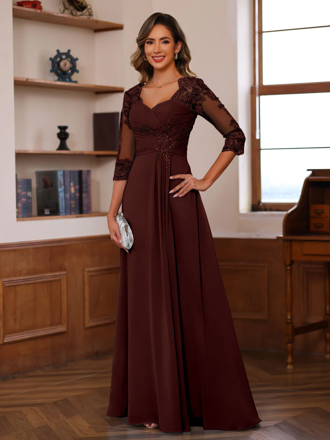 Sweetheart Neck A Line Gown with 3/4 Sleeves Long Lace Bridal Dress Featuring Ruffles & Appliques
