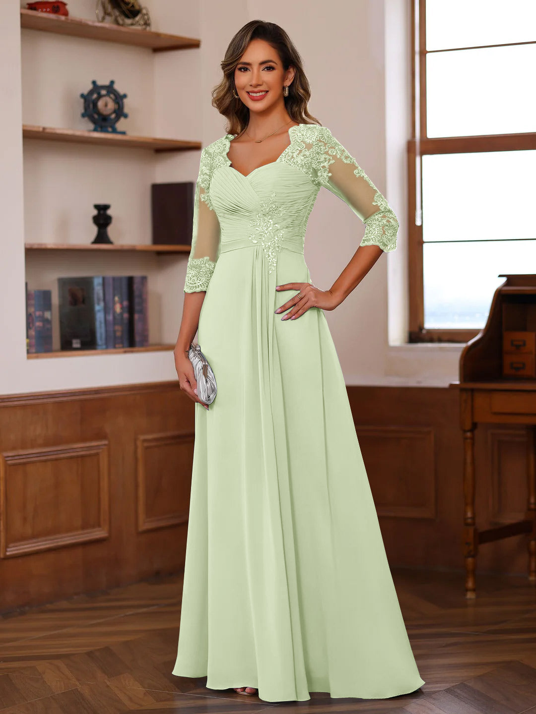 Sweetheart Neck A Line Gown with 3/4 Sleeves Long Lace Bridal Dress Featuring Ruffles & Appliques