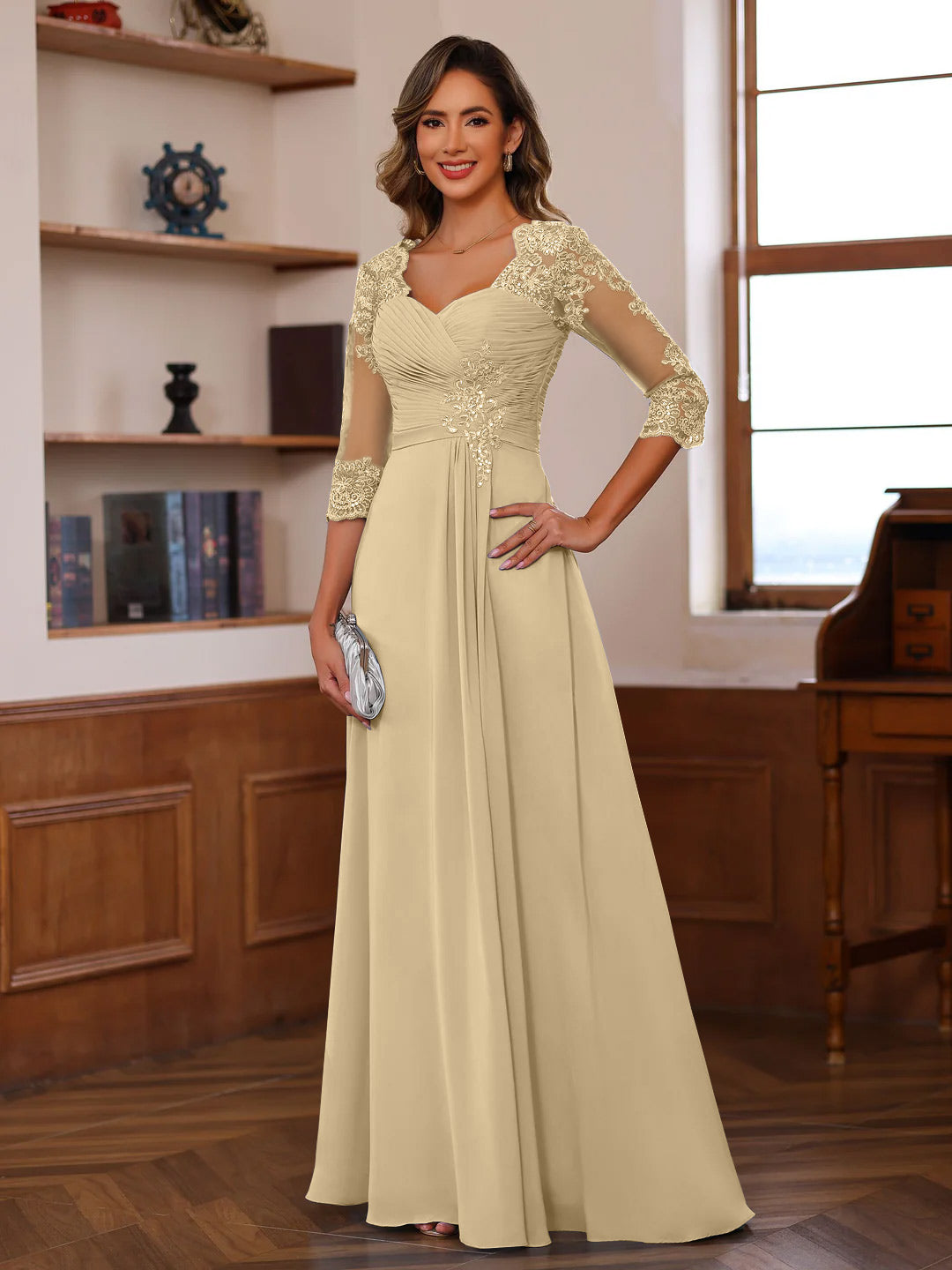 Sweetheart Neck A Line Gown with 3/4 Sleeves Long Lace Bridal Dress Featuring Ruffles & Appliques