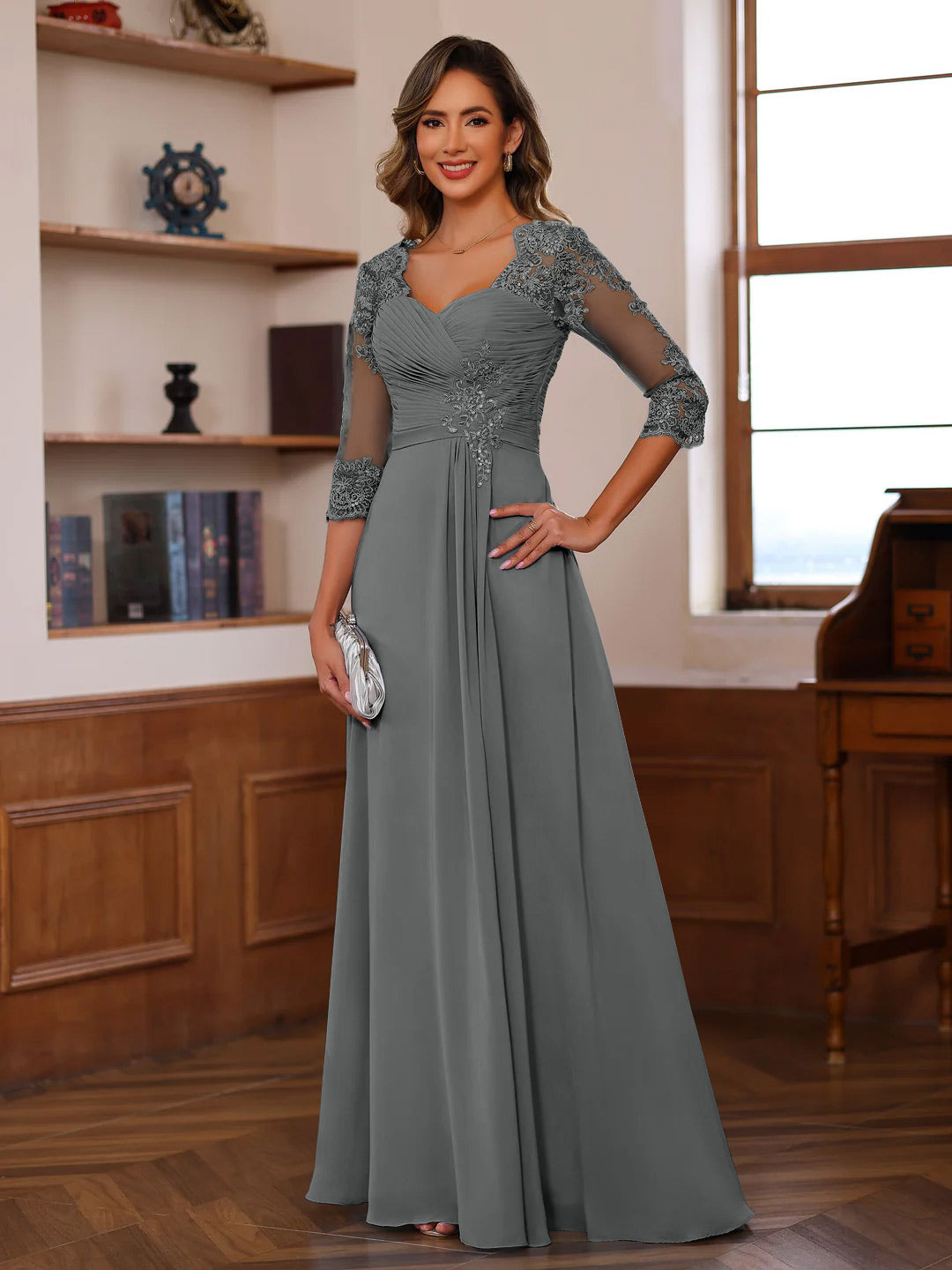 Sweetheart Neck A Line Gown with 3/4 Sleeves Long Lace Bridal Dress Featuring Ruffles & Appliques