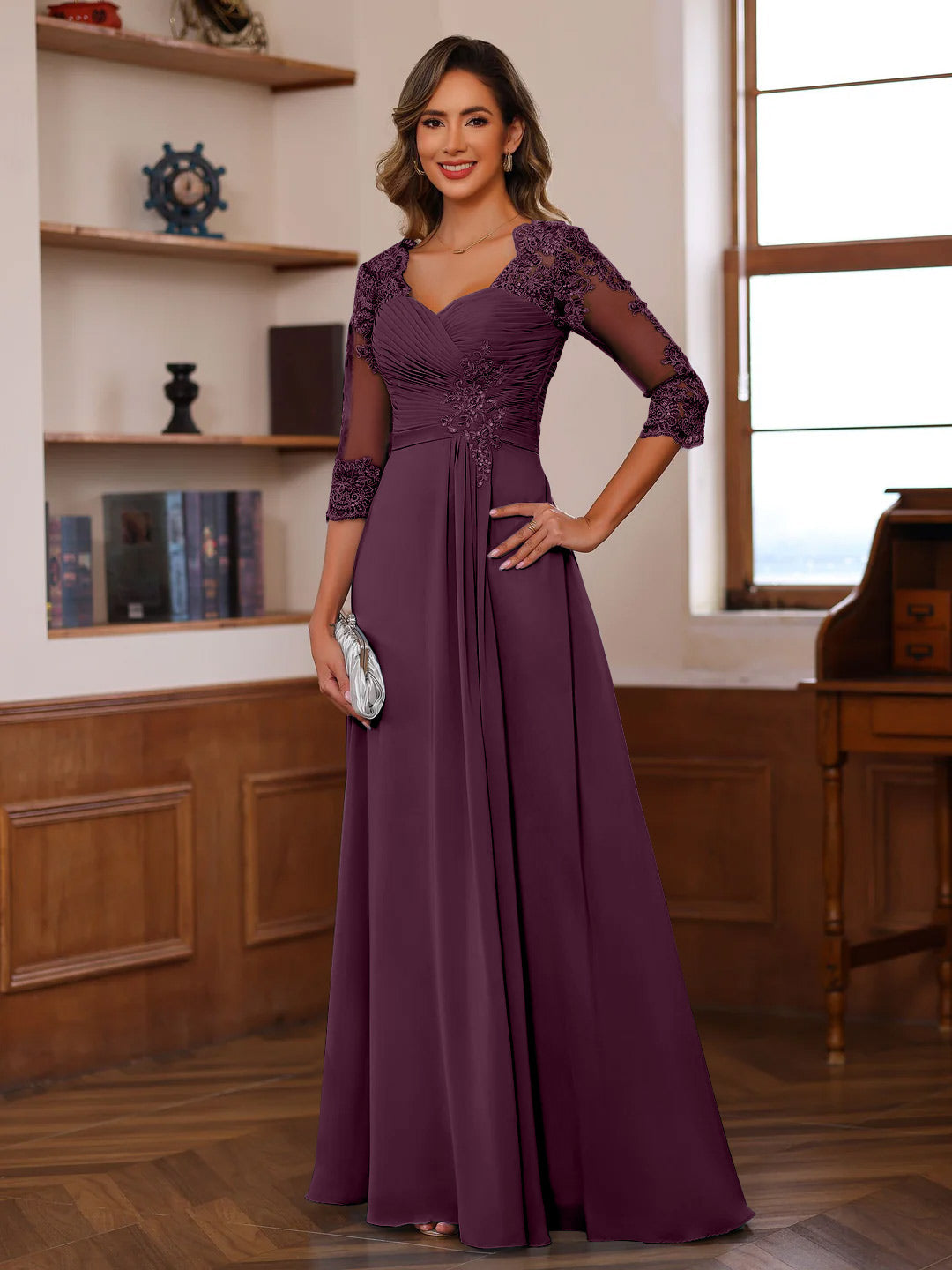 Sweetheart Neck A Line Gown with 3/4 Sleeves Long Lace Bridal Dress Featuring Ruffles & Appliques
