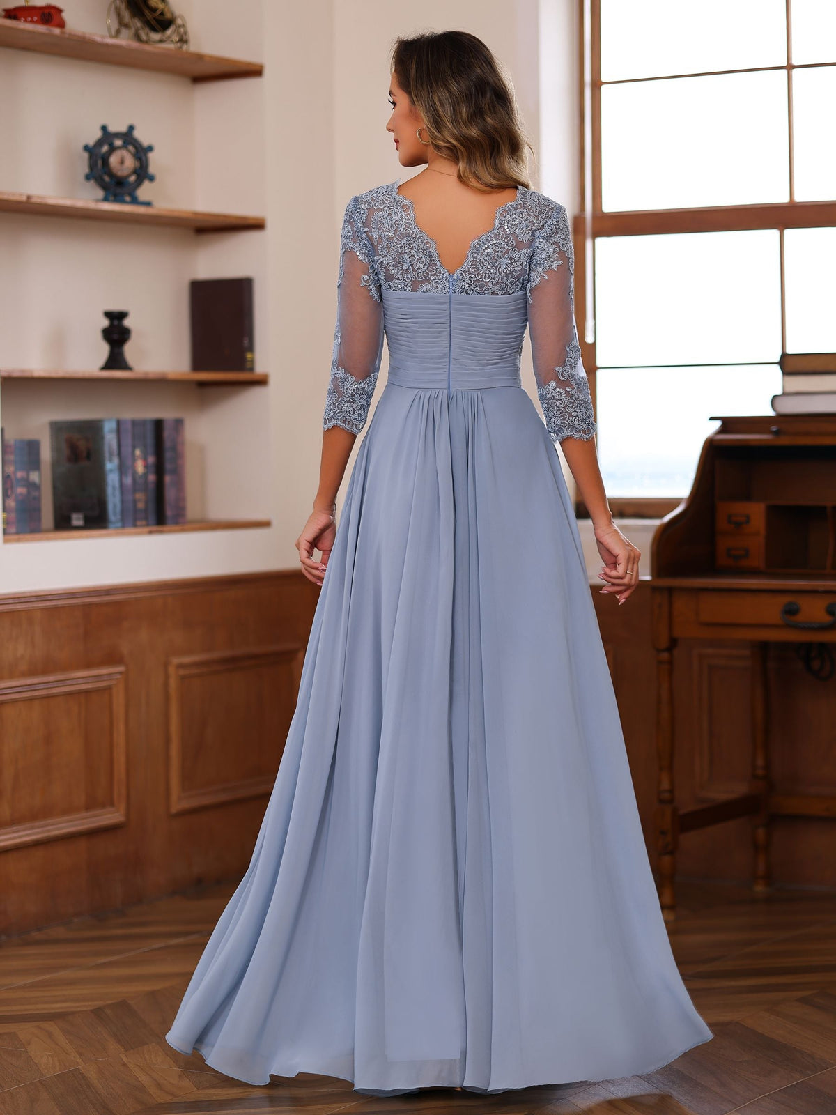 Sweetheart Neck A Line Gown with 3/4 Sleeves Long Lace Bridal Dress Featuring Ruffles & Appliques