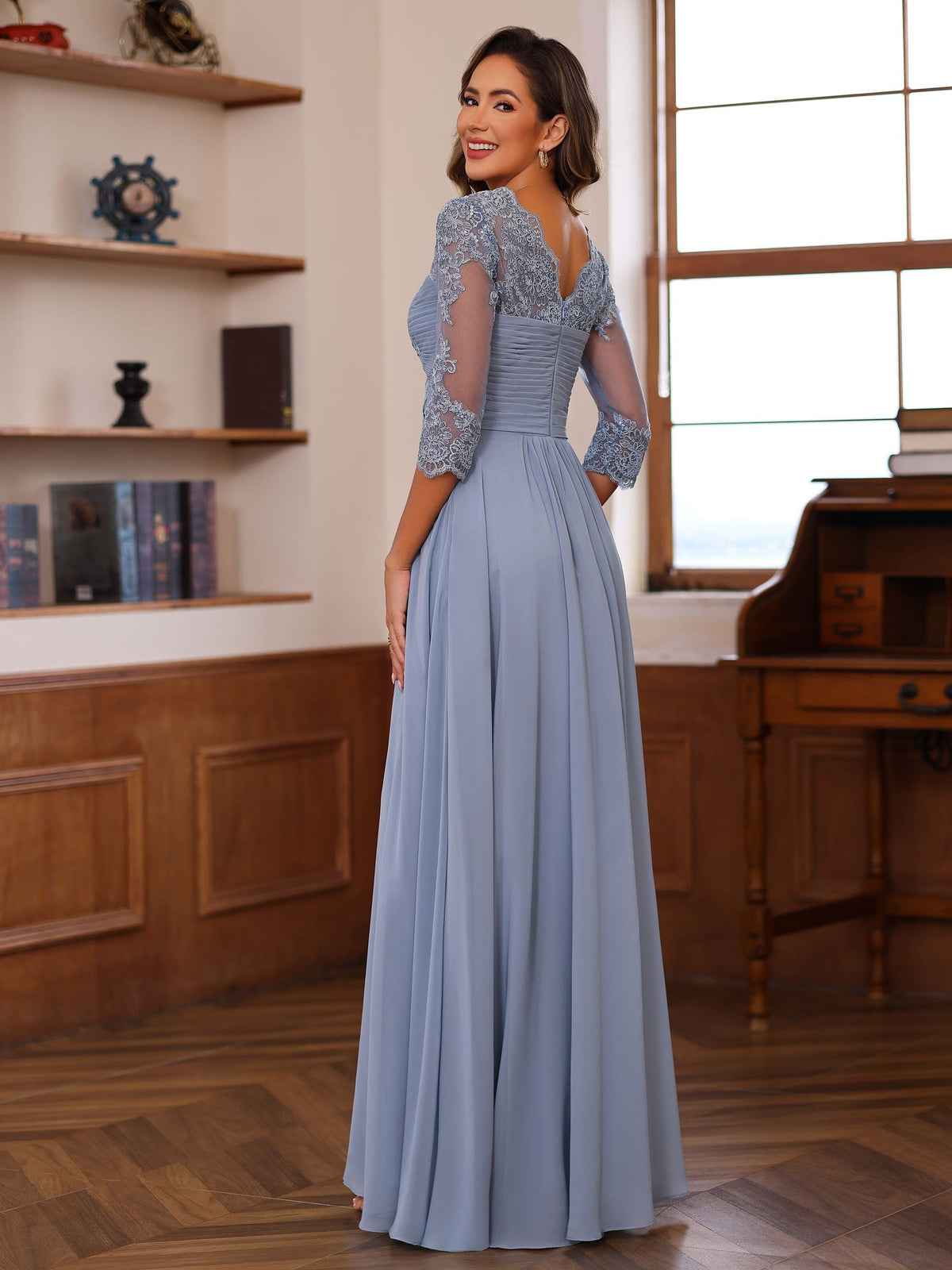 Sweetheart Neck A Line Gown with 3/4 Sleeves Long Lace Bridal Dress Featuring Ruffles & Appliques