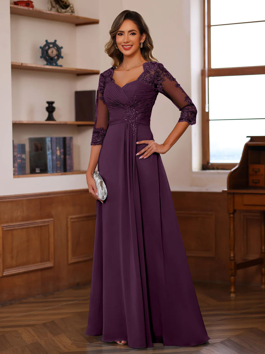 Sweetheart Neck A Line Gown with 3/4 Sleeves Long Lace Bridal Dress Featuring Ruffles & Appliques
