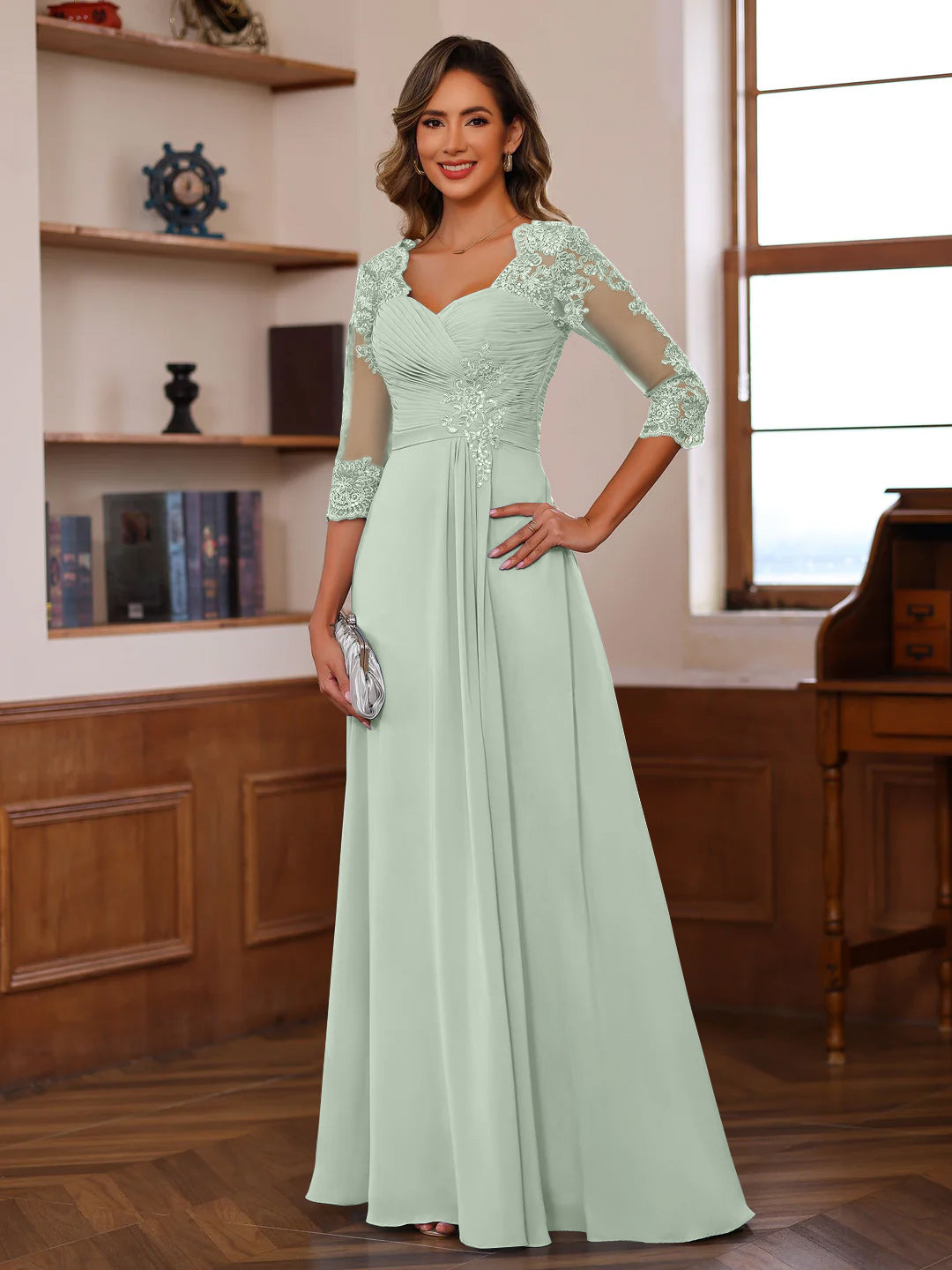 Sweetheart Neck A Line Gown with 3/4 Sleeves Long Lace Bridal Dress Featuring Ruffles & Appliques