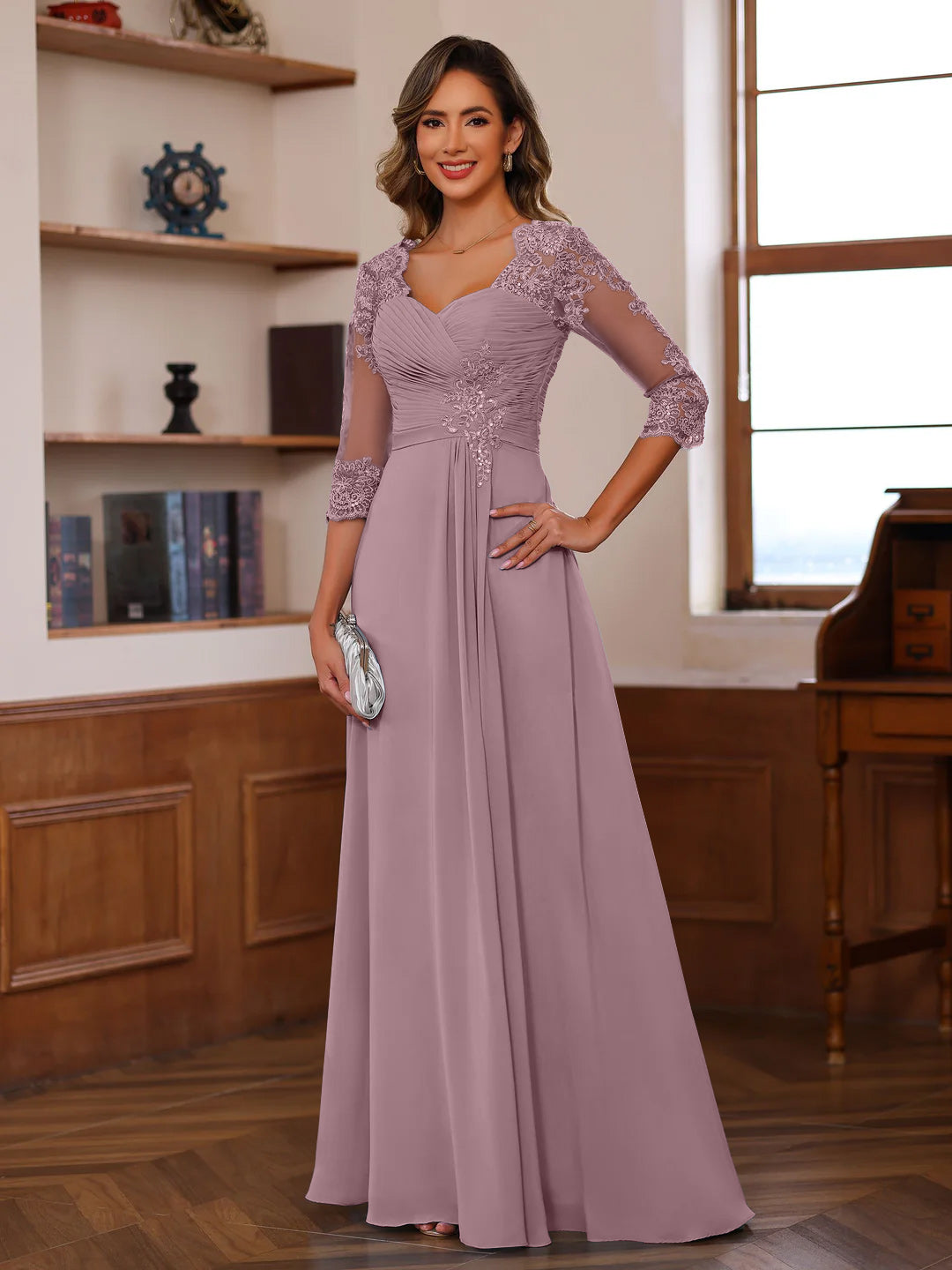 Sweetheart Neck A Line Gown with 3/4 Sleeves Long Lace Bridal Dress Featuring Ruffles & Appliques