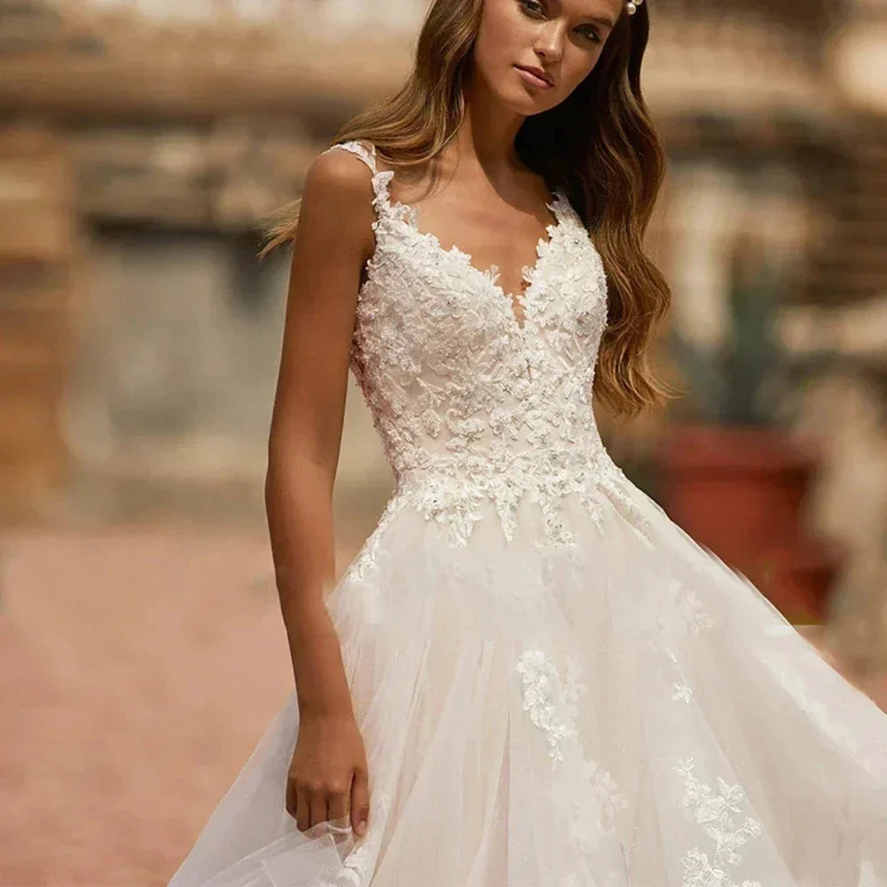 Sweetheart Off Shoulder Sleeveless Beach Deep V-neck Fluffy Wedding Dresses Sexy Lace Backless Applique Elegant Bride Gown 2023 (ZD14253)