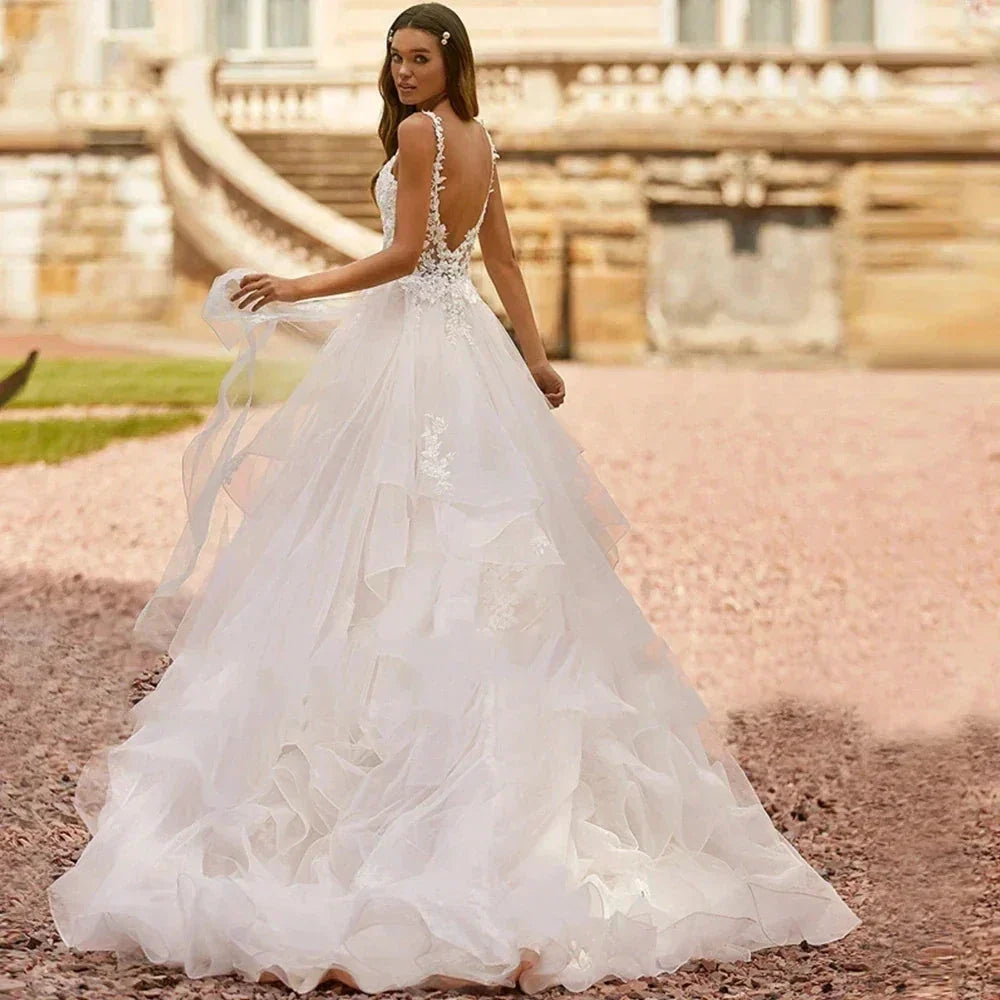 Sweetheart Off Shoulder Sleeveless Beach Deep V-neck Fluffy Wedding Dresses Sexy Lace Backless Applique Elegant Bride Gown 2023 (ZD14253)